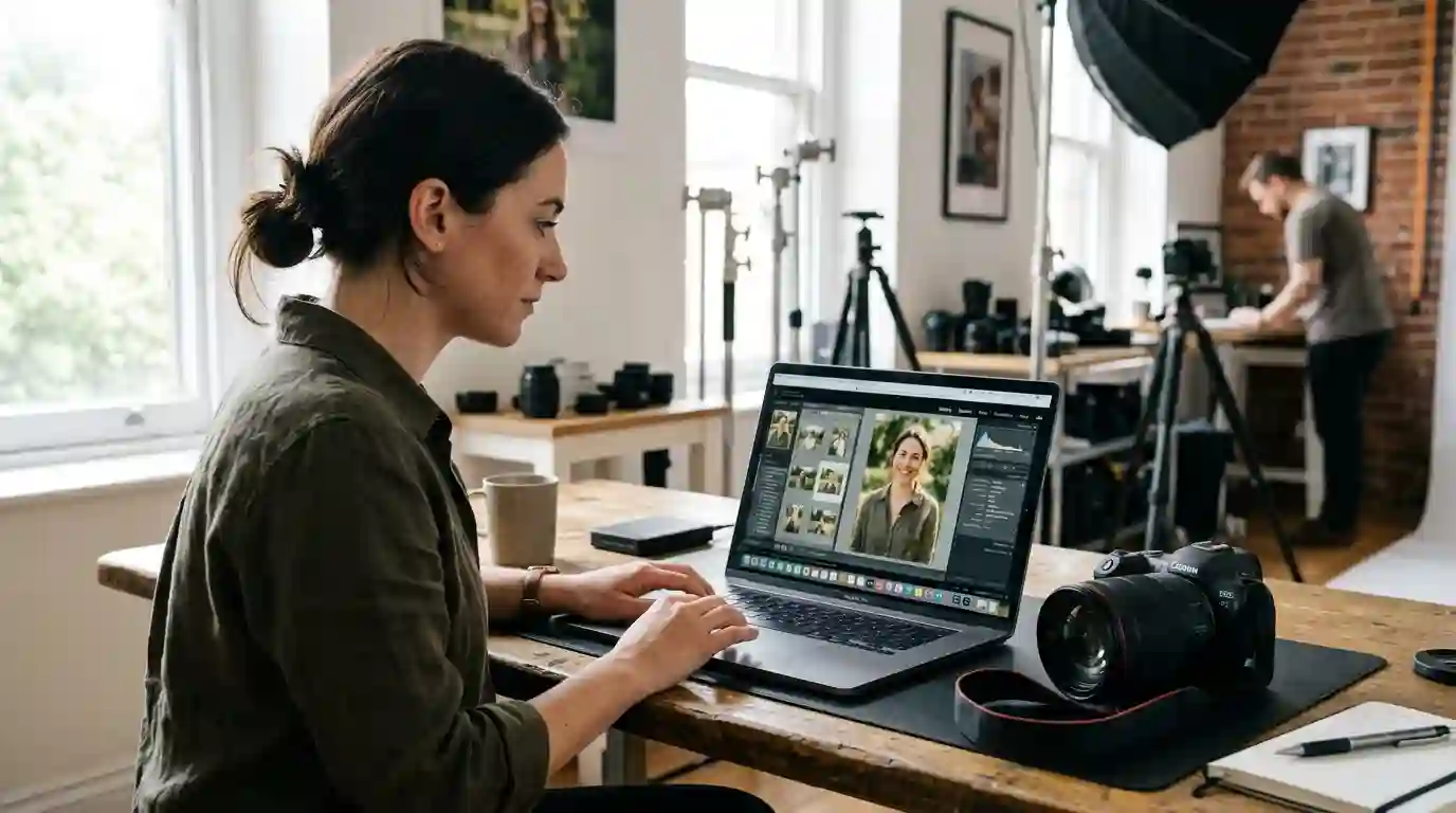 Photographer Reviewing Camera Settings