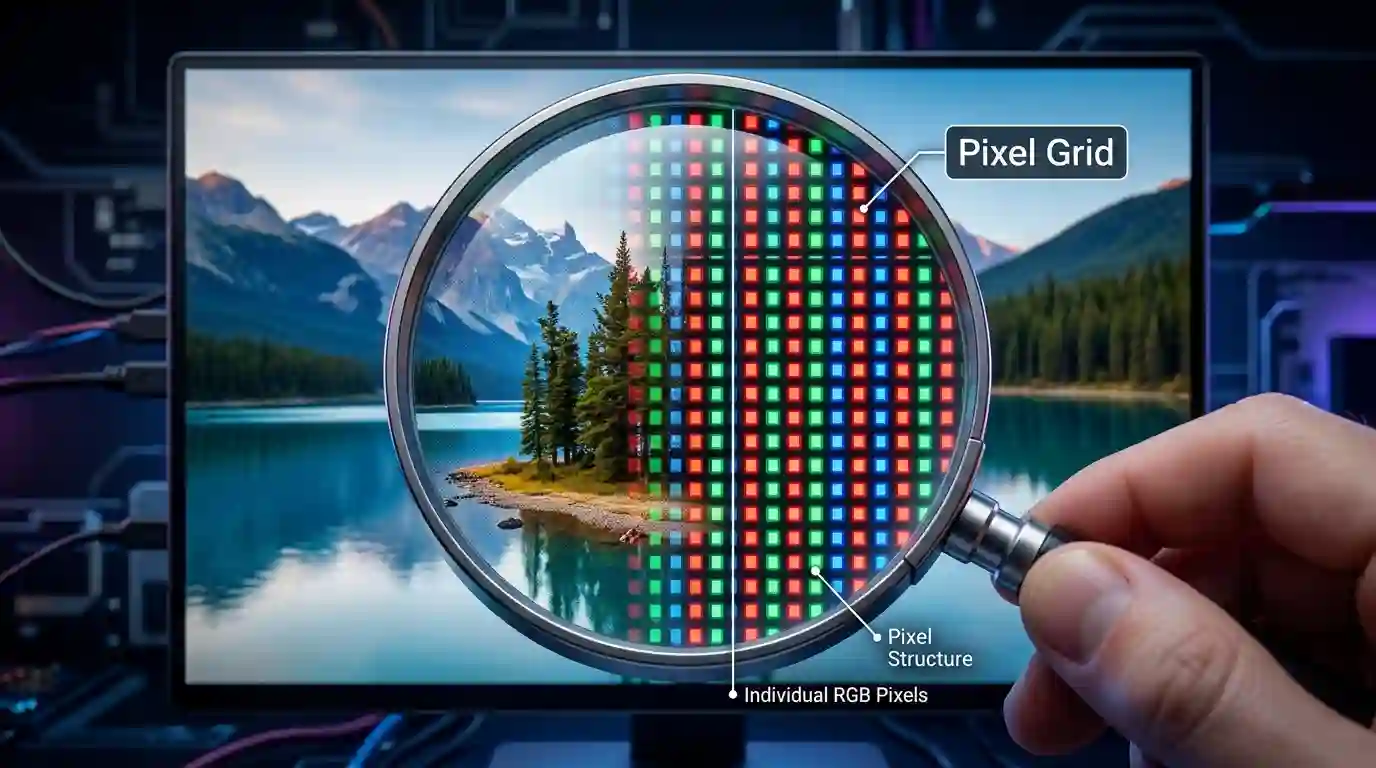 glowing colored squares (pixels)