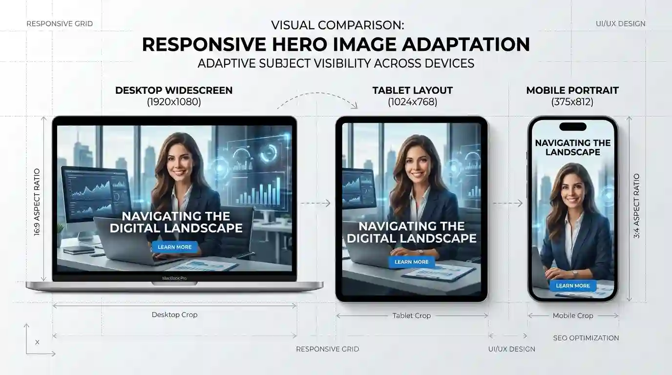 three versions of the same website hero image